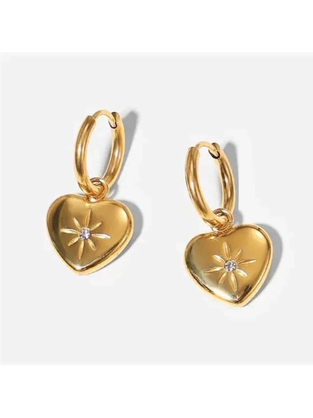 Gold Heart Eight Pointed Zircon Star Hoop Earrings 14K Gold Plated